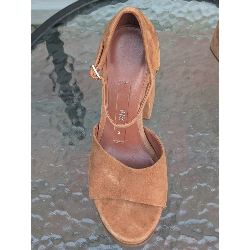 Zara EU 37 US 7 Brown Faux Suede Platform Block Heel Ankle Strap Sandals Retro